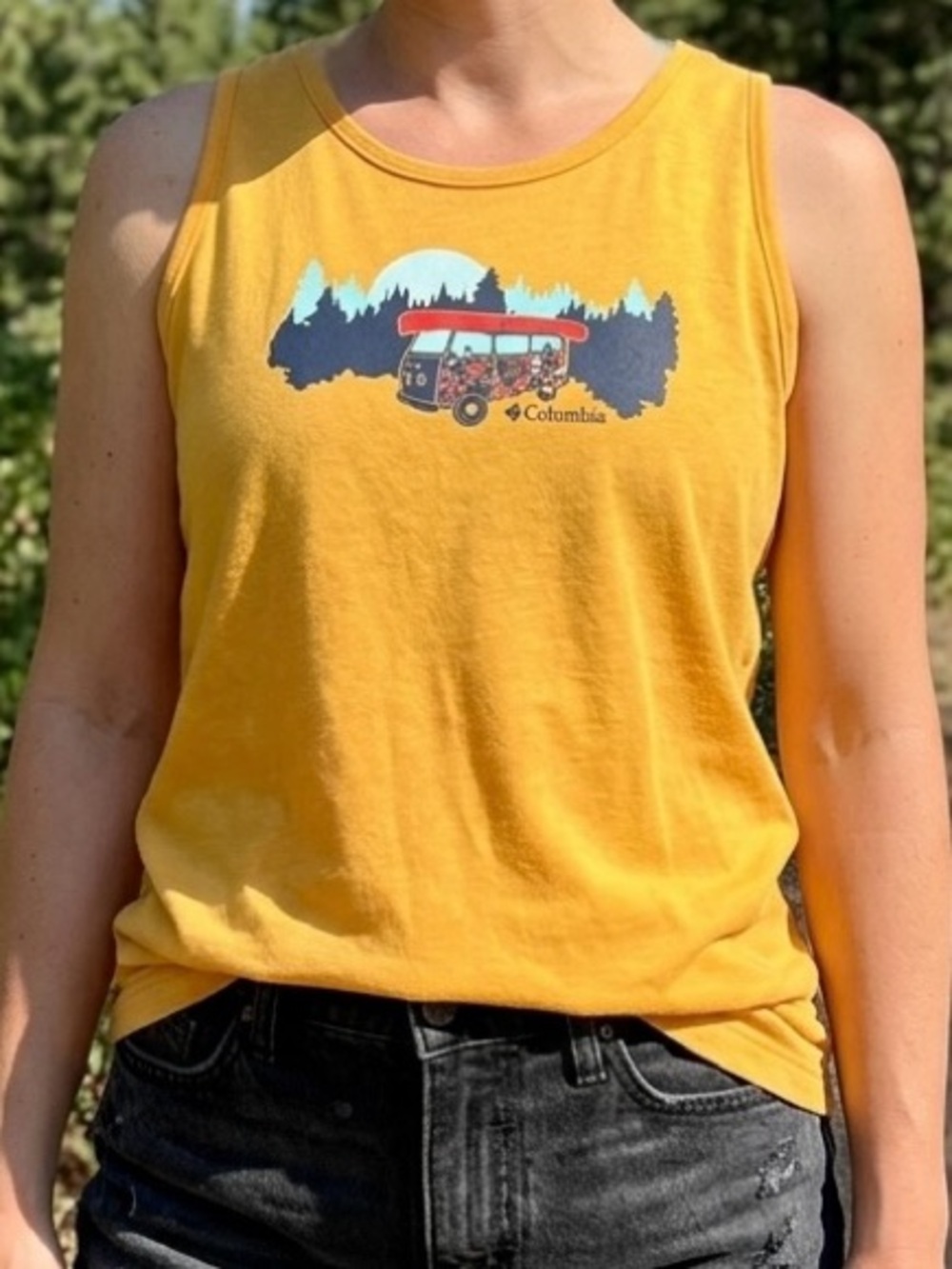 Columbia Bluff Mesa Yellow Graphic Tank Top Van Canoe Sun Camping Hiking L EUC